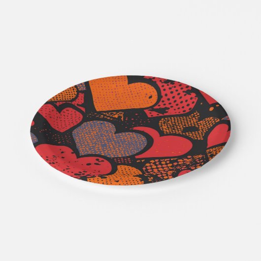 Valentine’s Day Heart Pattern – Retro Pop Art Pappteller (Schrägansicht)