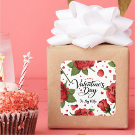 Valentine`s Day Romantic Red Rose Hearts Floral Quadratischer Aufkleber
