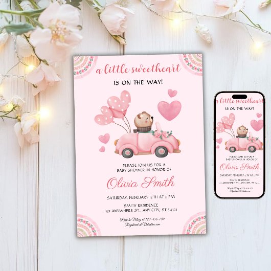 Valentine’s Day Sweetheart Pink Car Baby Shower Einladung
