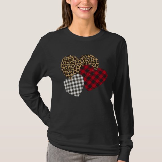 Valentine s Day Women Buffalo Plaid & Leopard Hear T-Shirt (Vorderseite)