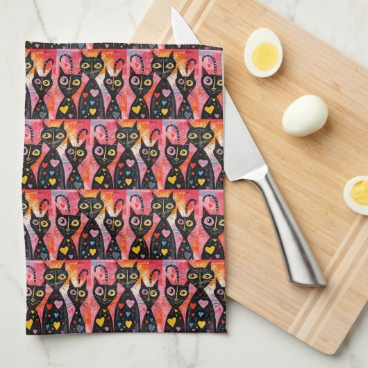 Valentine' s Kitchen Hand Towel Cat Red Heart Geschirrtuch (Viertel Falte)