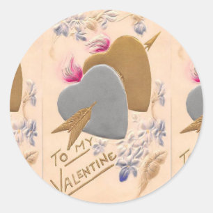 Valentine Silber- und Goldherzen Antike Postkarte Runder Aufkleber