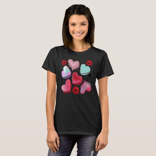 Valentine Sweet Candy Heart Kiss Lips Happy Valent T-Shirt (Vorne ganz)
