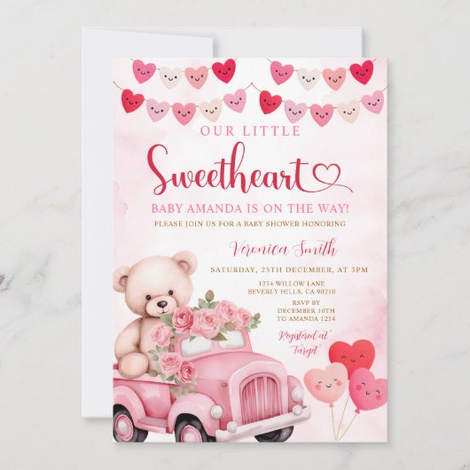 Valentine Sweetheart Bear Pink Truck Baby Shower Einladung (Vorderseite)