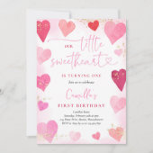Valentine Sweetheart Pink Red Hearts 1. Geburtstag Einladung (Vorderseite)