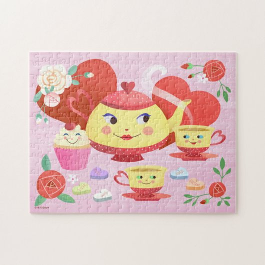 Valentine Teapot, Teacups und Rose mit Herz Puzzle (Horizontal)