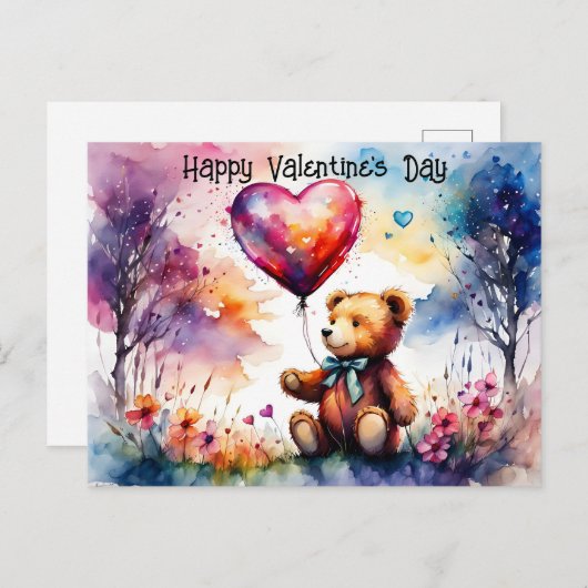 Valentine Teddy-Bär mit einem herzförmigen Ballon Postkarte (Vorne/Hinten)