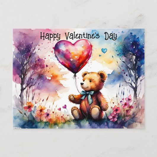 Valentine Teddy-Bär mit einem herzförmigen Ballon Postkarte (Vorderseite)