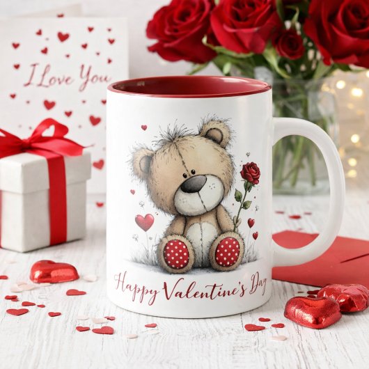 Valentine Teddy Bear with Rose and Hearts Tasse
