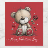 Valentine Teddy Bear with Rose and Hearts Weinetikett (Einzelnes Label)