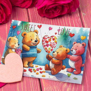 Valentine Teddy Bears Sharing Heart Shaped Candies Feiertagskarte