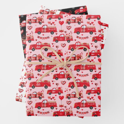 Valentine Trucks auf rosa, weiß und schwarz Geschenkpapier Set (Beispiel)
