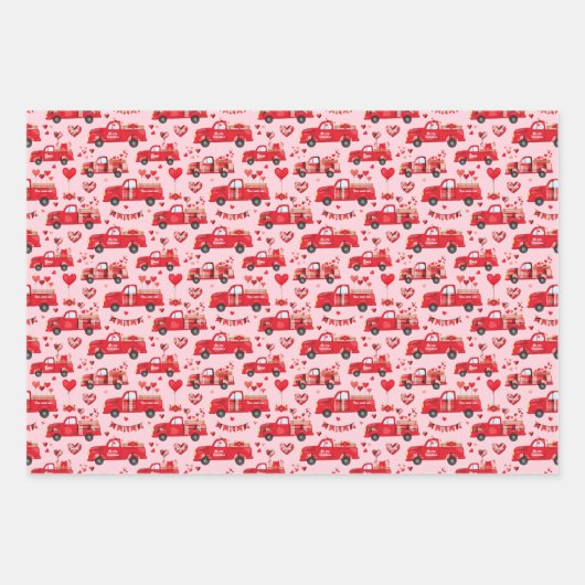 Valentine Trucks auf rosa, weiß und schwarz Geschenkpapier Set (Vorderseite)
