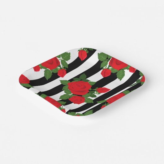 valentine vertical stripes red roses romantic pappteller (Gewinkelt)