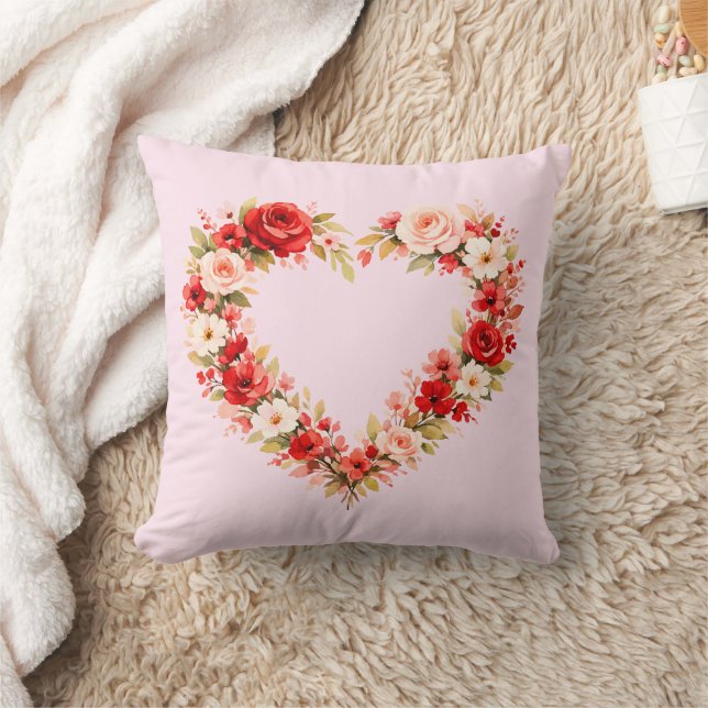 Valentine Watercolor Floral Heart Wreath Pillow |  Kissen (Decke)