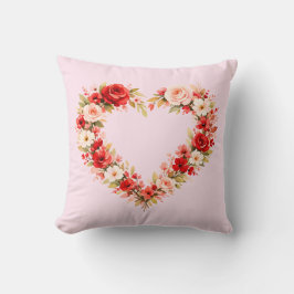 Valentine Watercolor Floral Heart Wreath Pillow | Kissen