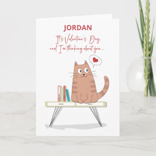 Valentine Whimsical Cat on Table Thinking Karte (Vorderseite)