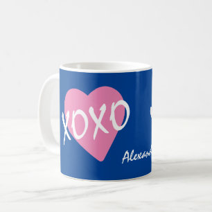 Valentine XOXO Hugs Kisses Pink Heart Blue Kaffeetasse
