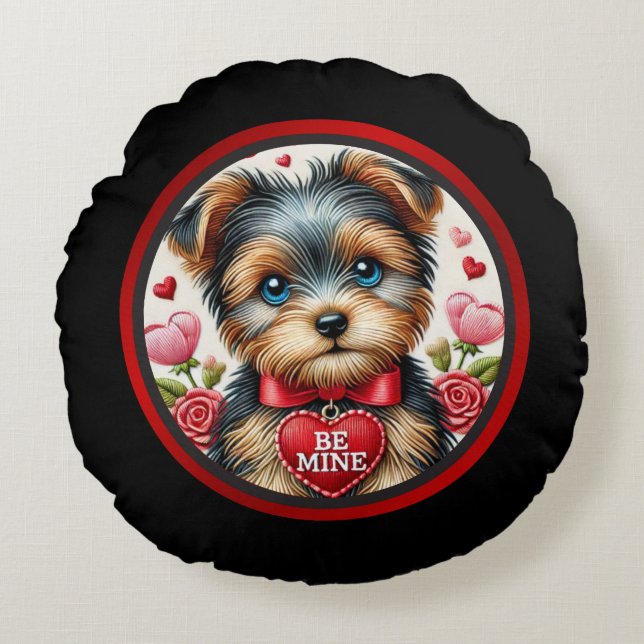Valentine Yorkie Be Mine Round Pillow Rundes Kissen (Vorderseite)