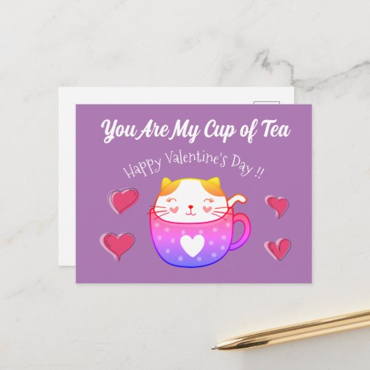 Valentinenkarte mit einer Katze in einer Teetasse Postkarte (Vorderseite/Rückseite Beispiel)
