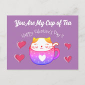 Valentinenkarte mit einer Katze in einer Teetasse Postkarte (Vorderseite)