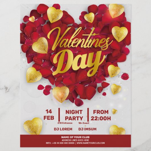 Valentines 3D Golden & Red Hearts Party Flyer (Vorne)