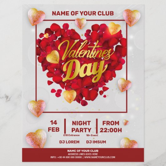 Valentines 3D Golden & Red Hearts Square Party Flyer (Vorne)