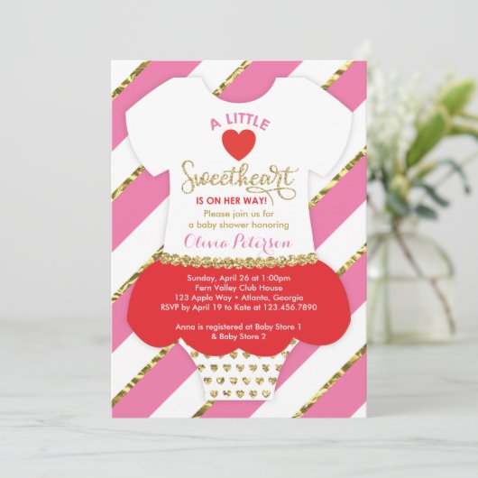 Valentines Babydusche Einladung, Imitate Glitzer Einladung (Stehend Vorderseite)