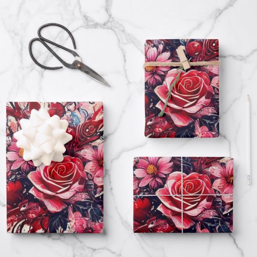 Valentines Bouquet / Rose Spritzer Art Geschenkpapier Set (Vorderseite)