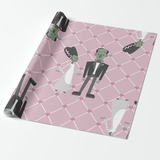valentines bride frankenstein monster pink herzen geschenkpapier (Ungerollt)