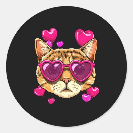 Valentines Ca Kitten Wearing Sungl Heart Cat Lover Runder Aufkleber (Vorderseite)