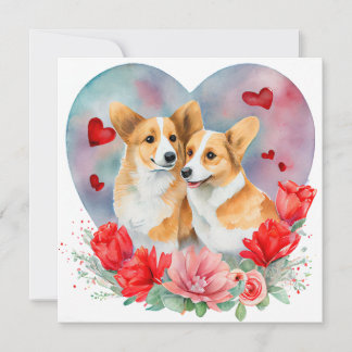 Valentines Corgi Pair, Herz, Blume, Wasserfarbe Feiertagskarte