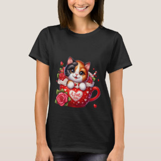 Valentine's Day Calico Cat Love You Mug Art ✨🐱☕ T-Shirt