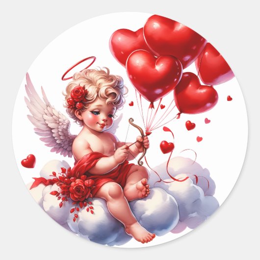 Valentine's Day Cherub Heart Red White Runder Aufkleber (Vorderseite)