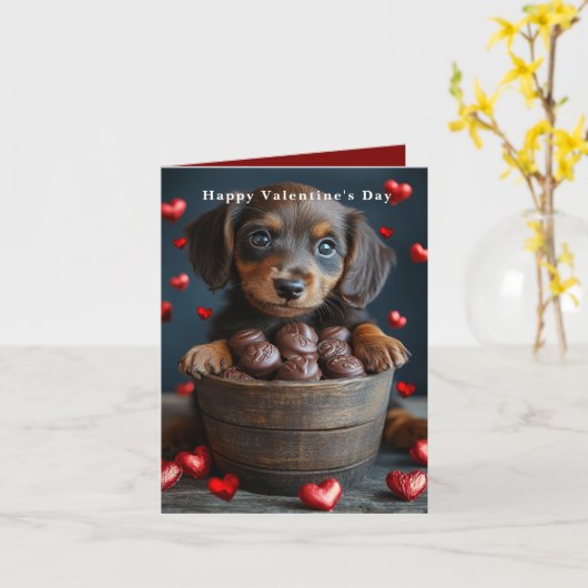 Valentine's Day Dachshund Puppy Red Hearts  Karte (Gelbe Blume)