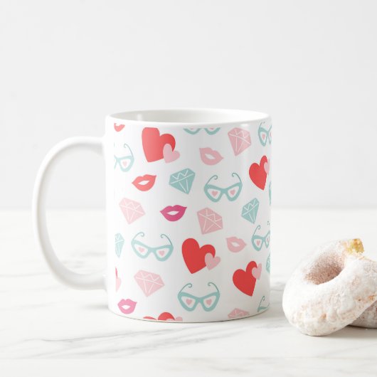 Valentine's Day Diamonds Hört Kisses Pink Kaffeetasse (Mit Donut)
