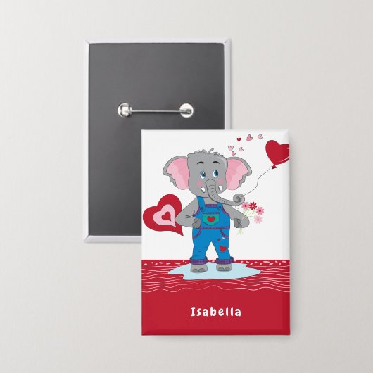 Valentine's Day Elephant Red and White Kid Button (Vorderseite/Rückseite)