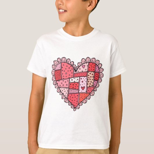 Valentine's Day Faux Patchwork Heart Doodle Kids T-Shirt (Vorderseite)