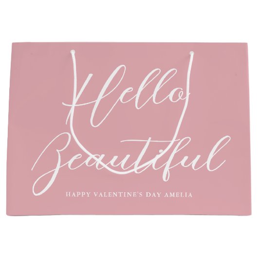 Valentine's Day Gift Bag Elegant Script Pink White Große Geschenktüte (Vorderseite)