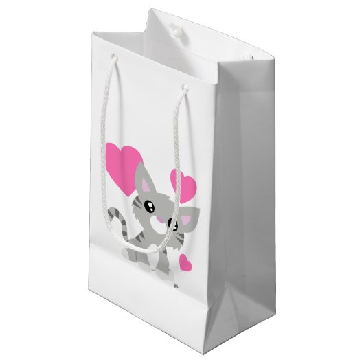 Valentine's Day Gray Kitty Geschenktasche Kleine Geschenktüte (Vorderseite Schrägansicht)