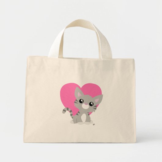 Valentine's Day Gray Kitty Tote Bag Mini Stoffbeutel (Vorne)
