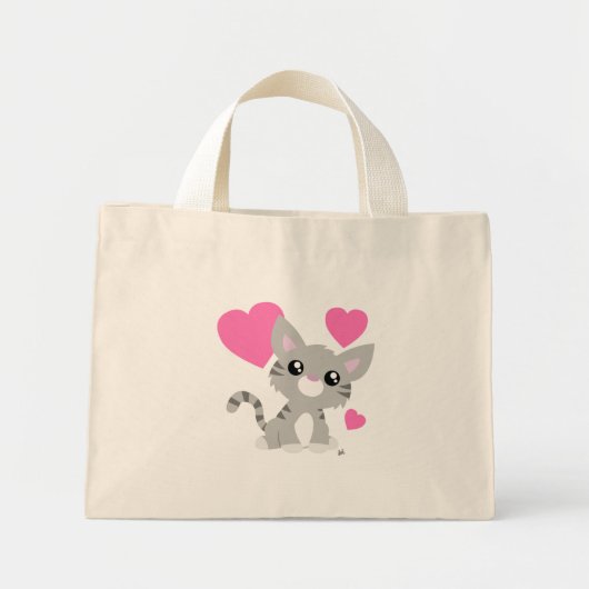 Valentine's Day Gray Kitty Tote Bag Mini Stoffbeutel (Vorne)