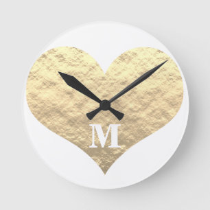 Valentine's Day Heart Monogram Initials Gold White Runde Wanduhr
