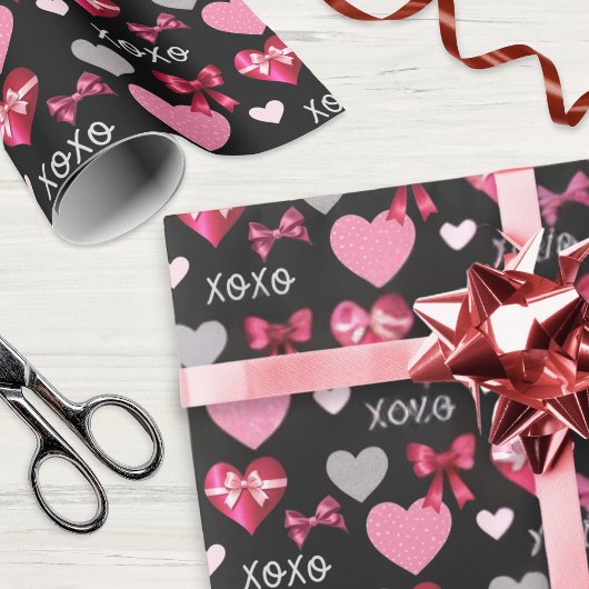 Valentine's Day Hearts and Ribbons Pink Red Black Geschenkpapier