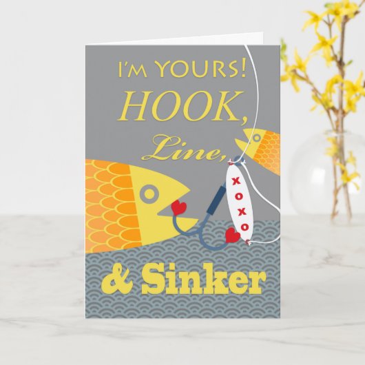 Valentine's Day Hook Line und Sinker Fishing Theme Karte (Gelbe Blume)