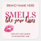 Valentine's Day Kisses Custom Pink Candle Label Quadratischer Aufkleber (Vorderseite)