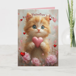 Valentine's Day Kitten Red Hearts Pink Roses Karte