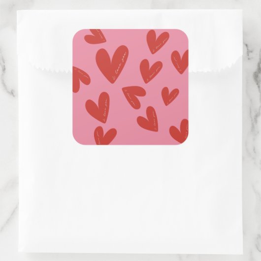 Valentine's Day Modern Red & Pink Hearts Script Quadratischer Aufkleber (Tasche)