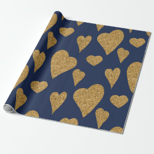 Valentine's Day Navy Blue und Gold Hearts Geschenkpapier