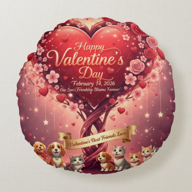 Valentine's Day Pets Lover's Floral Round Pillow Rundes Kissen (Vorderseite)